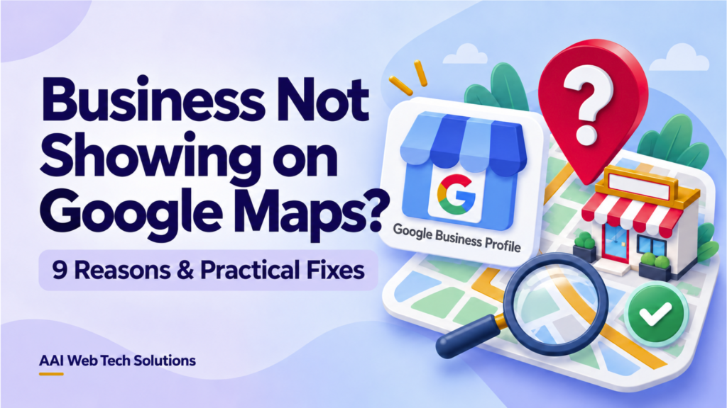 Business not showing on Google Maps with a location pin, storefront and magnifying glass
