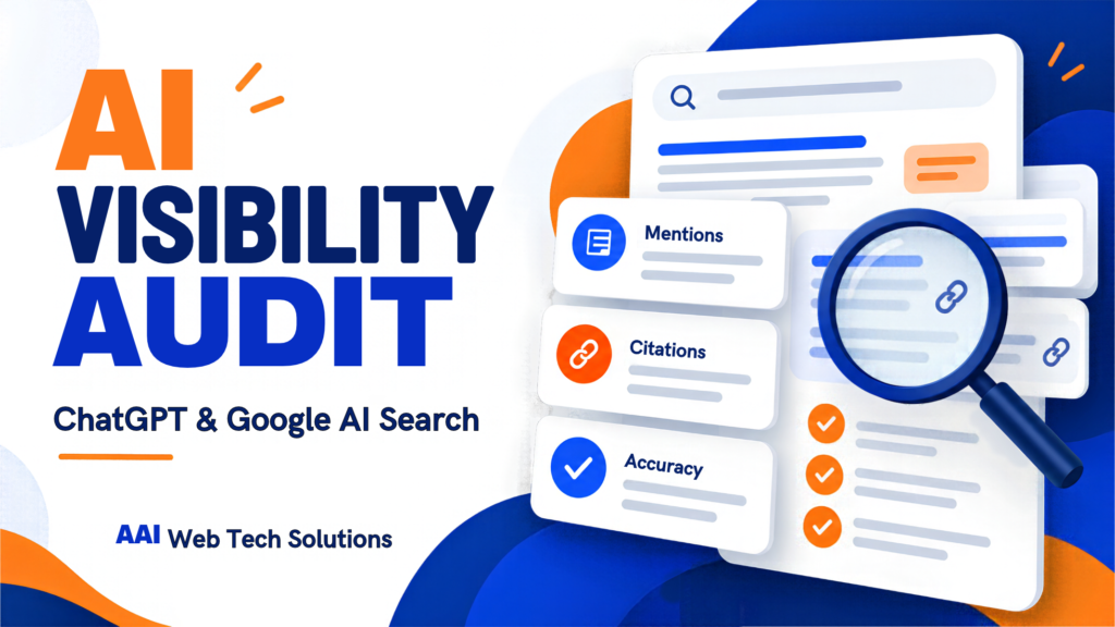 AI Visibility Audit: How to Check Your Business in ChatGPT and Google AI Search | AAI Web Tech Solutions AI visibility audit illustration showing mentions, citations and accuracy checks for ChatGPT and Google AI Search.